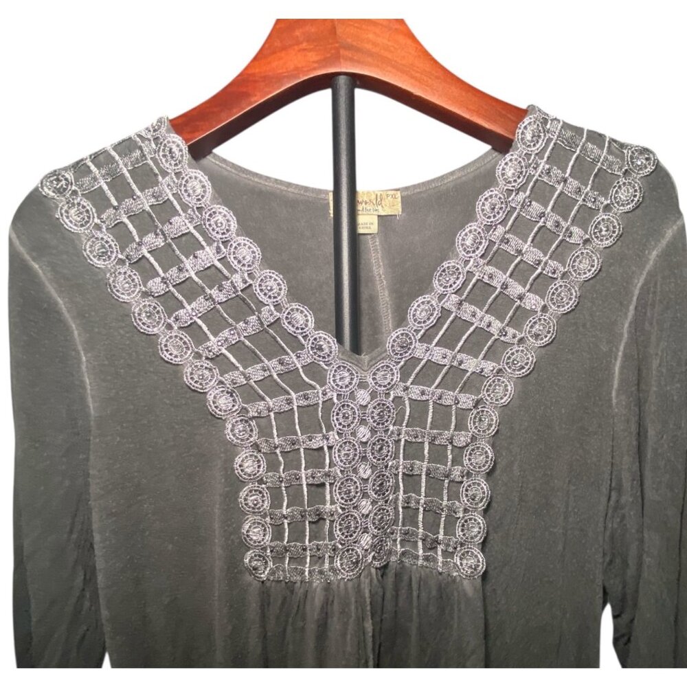 Gray Petite Tunic Top Embroidered Lace V-Neck 3/4 Sleeves Boho Witchy Whimsygoth